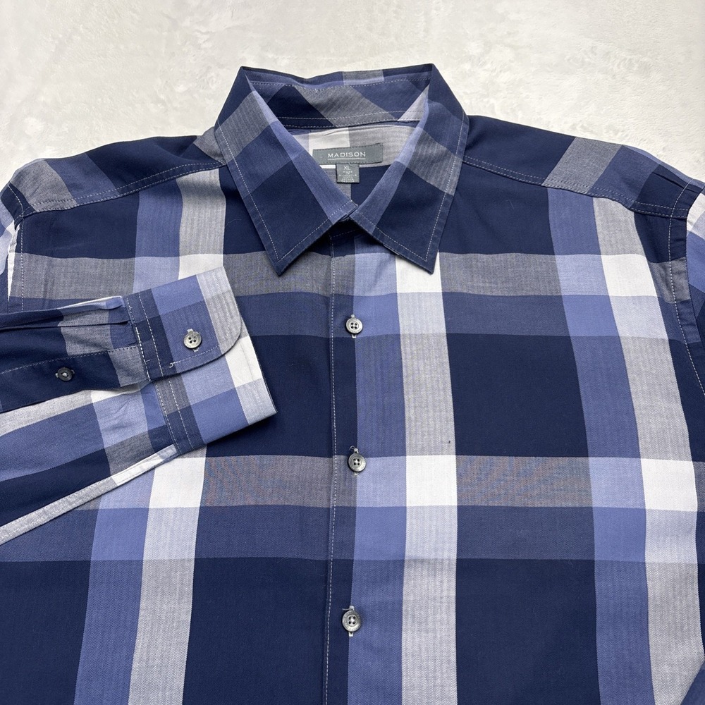 Madison Mens XL Navy Buffalo Plaid Button Down Shirt Slim Fit Cotton